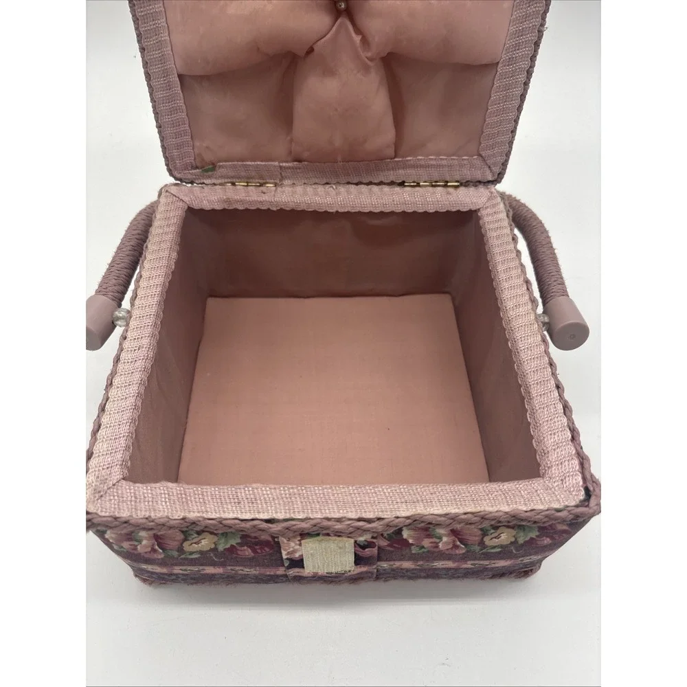 Floral Wicker Sewing Basket Box Vintage Granny Chic Pin Cushion Box